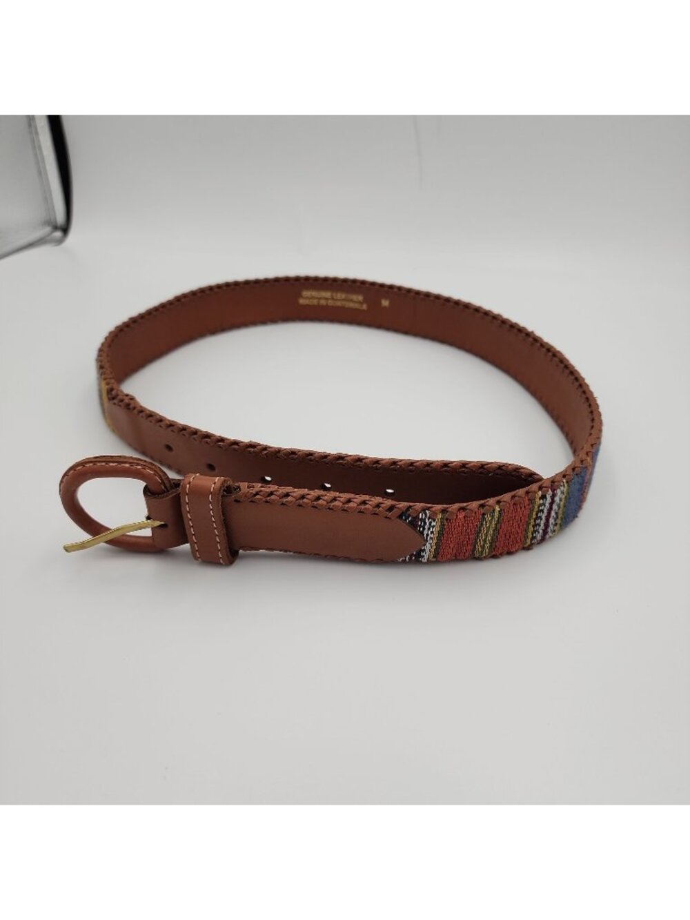VTG Colorful Guatemalan Woven Fabric  & Leather Boho Belt Size M Fits 27-31"